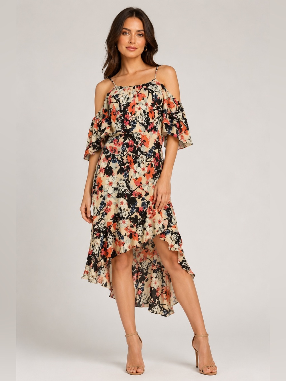 Parker Cold Shoulder Ruffle Midi Floral Small Dress